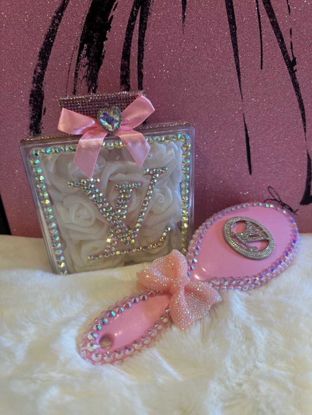 Pink Jeweled Hair Brush & Decorative Box Set